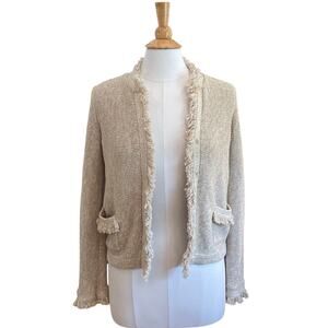 J. McLaughlin Tan Textured Knit Open Front Cardigan Jacket, Fringe, Size XS